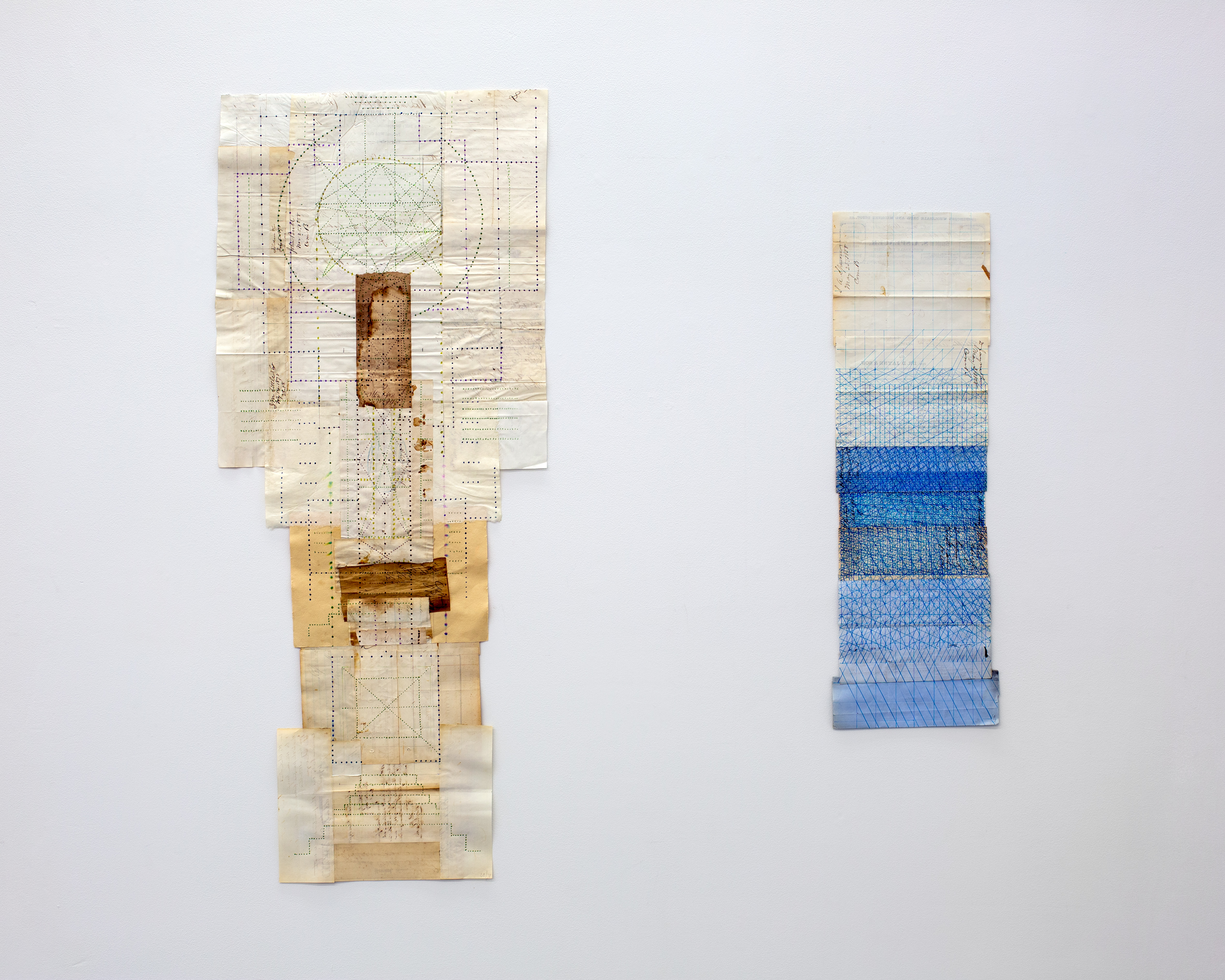 Laura Battle, Cathedral, 2019, Ink on antique paper, 40h x 17w in. (Left) and Ledger Drawing, 2018, Ink on antique paper, 26h x 8w in. (Right)