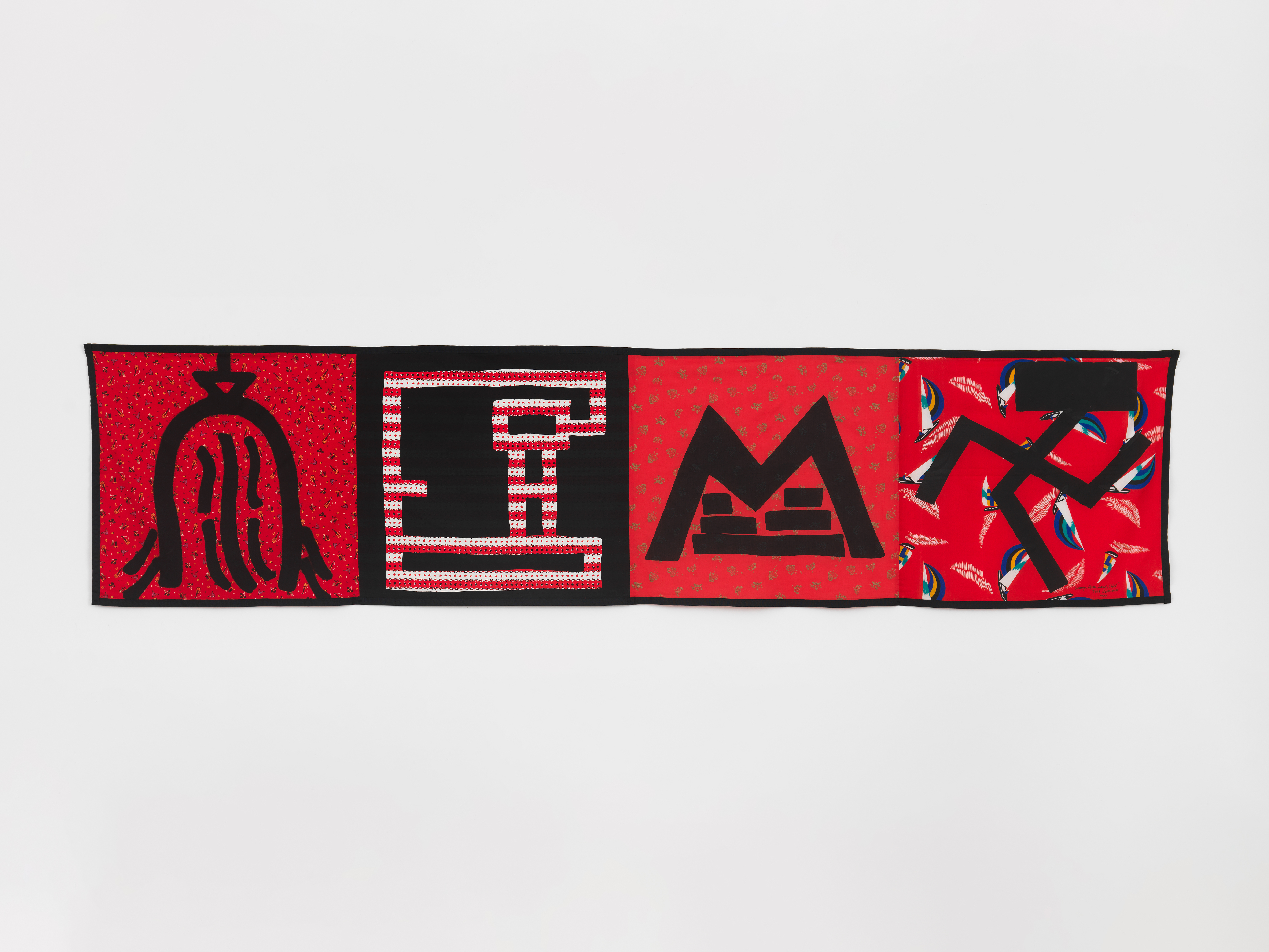 Tina Girouard, Swamp, House, Land, Child, 1980, Fabric Workshop DNA-Icons panels with pigment on commercially printed fabrics, Philadelphia, 34 1/2 x 143 3/4 in.