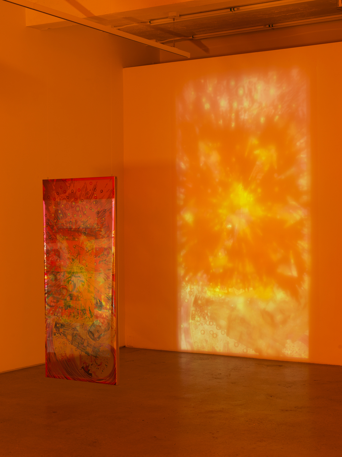 Jibade-Khalil Huffman, Untitled (Explosion), 2020, Inkjet on transparencies, looping video, 60.25h x 27.13w x 1.50d in.