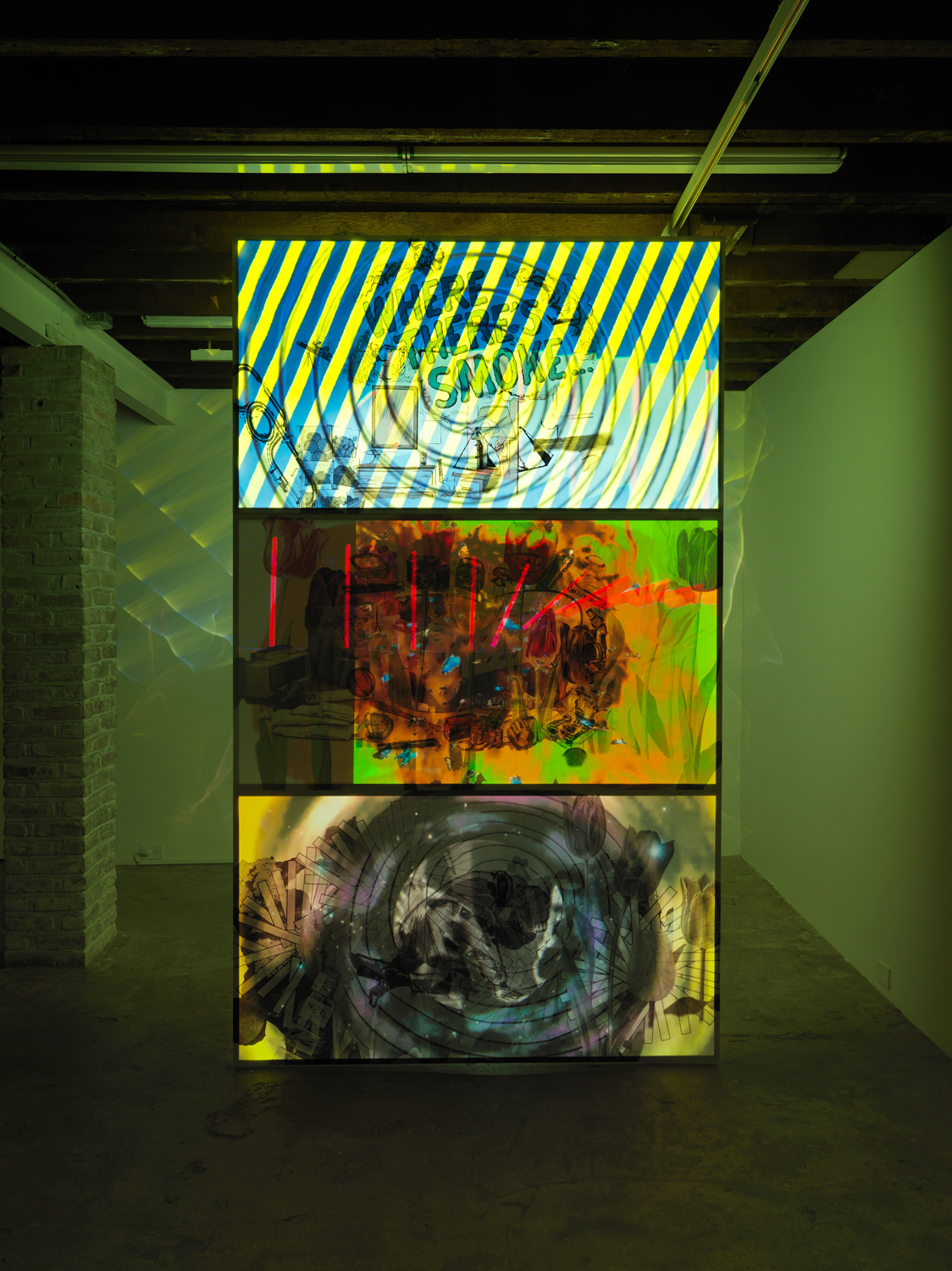 Jibade-Khalil Huffman, Where There’s Smoke, 2020, Inkjet on Duratran transparencies, three-channel video installation, 101.50h x 60w x 1.50d in.