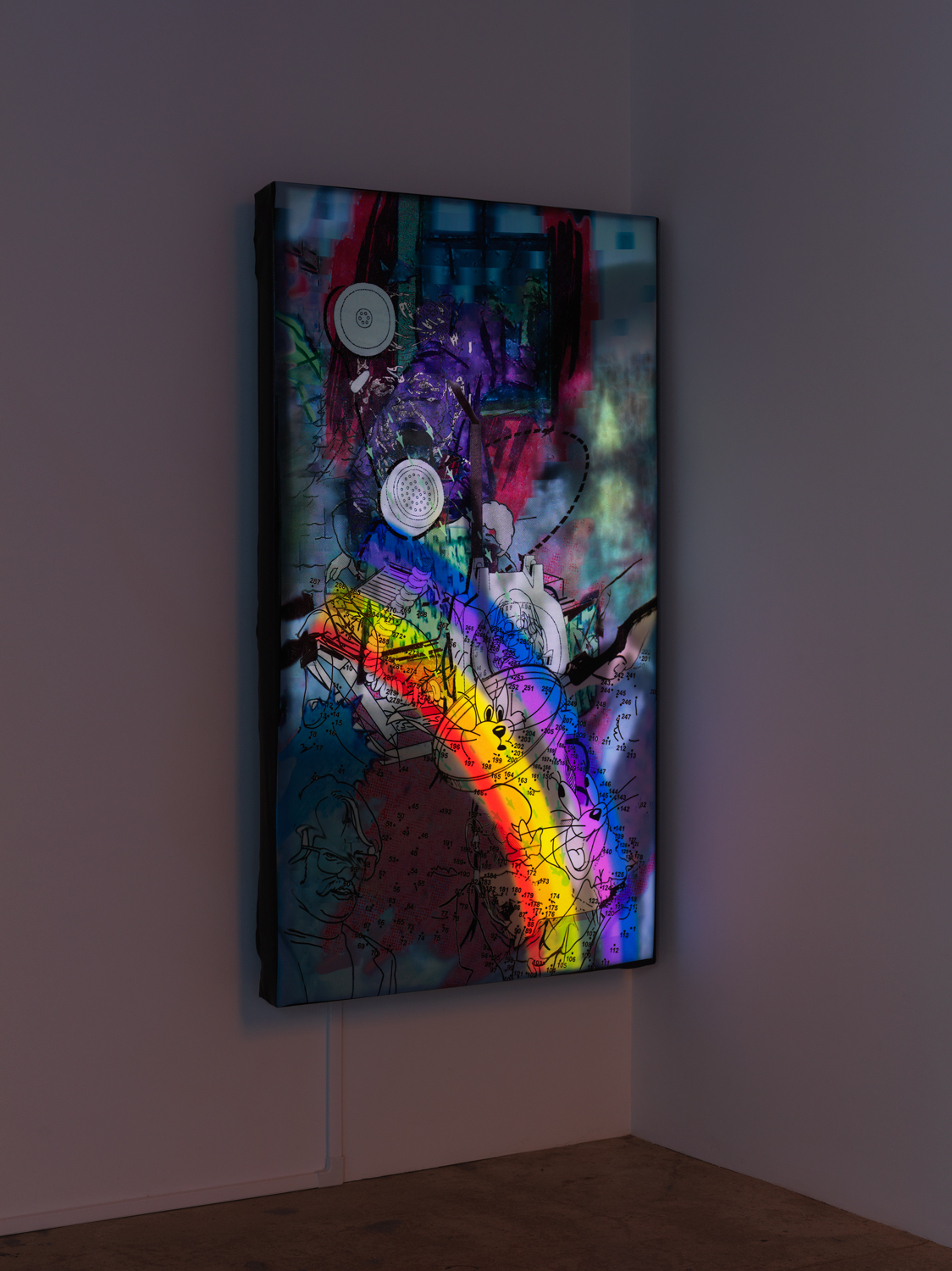 Jibade-Khalil Huffman, Untitled (Telephone), 2020, Inkjet on backlit fabric, monitor, looping video, 53.50h x 31w x 4.50d in.