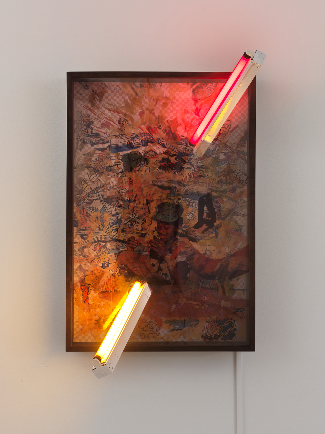 Jibade-Khalil Huffman, Untitled (Proof), 2020, Transparencies in lightbox, fluorescent fixtures, fluorescent tubes with color tinting, 50.75h x 31.34w x 26.5d in.