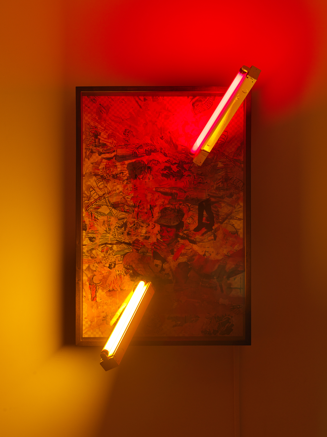 Jibade-Khalil Huffman, Untitled (Proof), 2020, Transparencies in lightbox, fluorescent fixtures, fluorescent tubes with color tinting, 50.75h x 31.34w x 26.5d in.