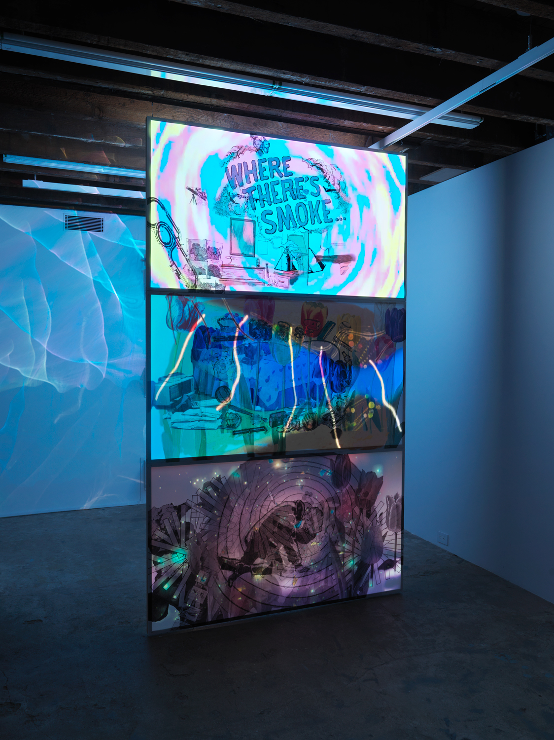 Jibade-Khalil Huffman, Where There’s Smoke, 2020, Inkjet on Duratran transparencies, three-channel video installation, 101.50h x 60w x 1.50d in.