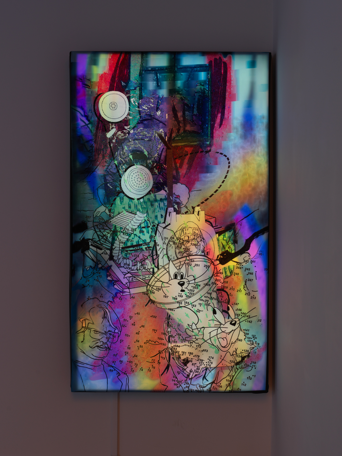 Jibade-Khalil Huffman, Untitled (Telephone), 2020, Inkjet on backlit fabric, monitor, looping video, 53.50h x 31w x 4.50d in.