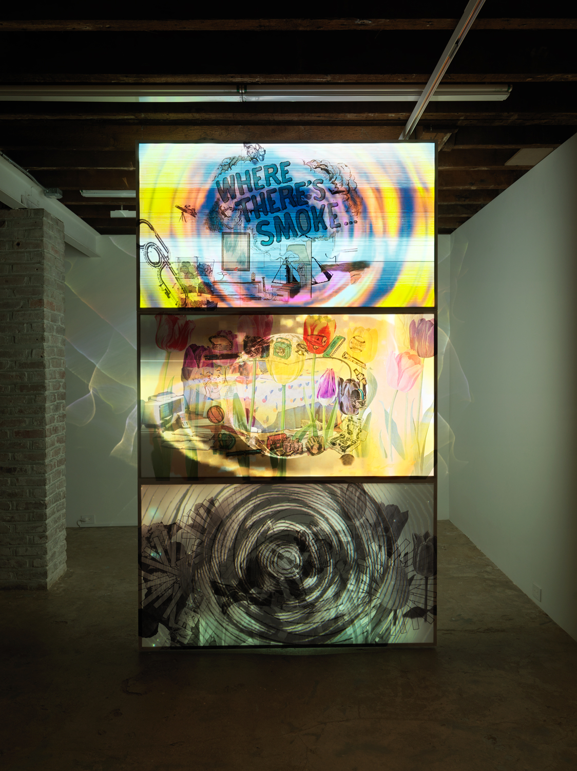 Jibade-Khalil Huffman, Where There’s Smoke, 2020, Inkjet on Duratran transparencies, three-channel video installation, 101.50h x 60w x 1.50d in.