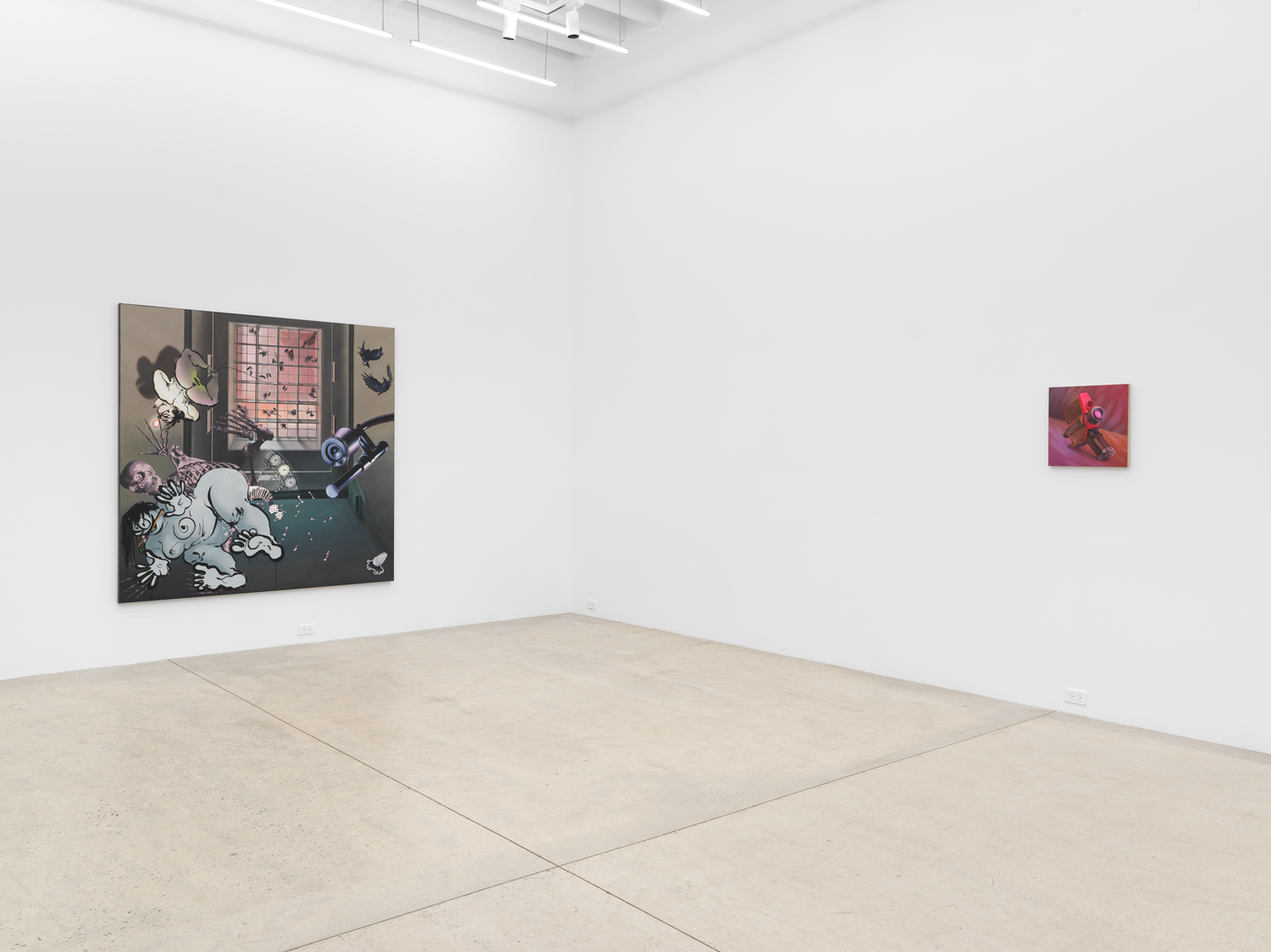 Installation view, Viewing Room V: Chason Matthams, Ebecho Muslimova, and Jennifer Bolande, Magenta Plains, New York, NY, 2026