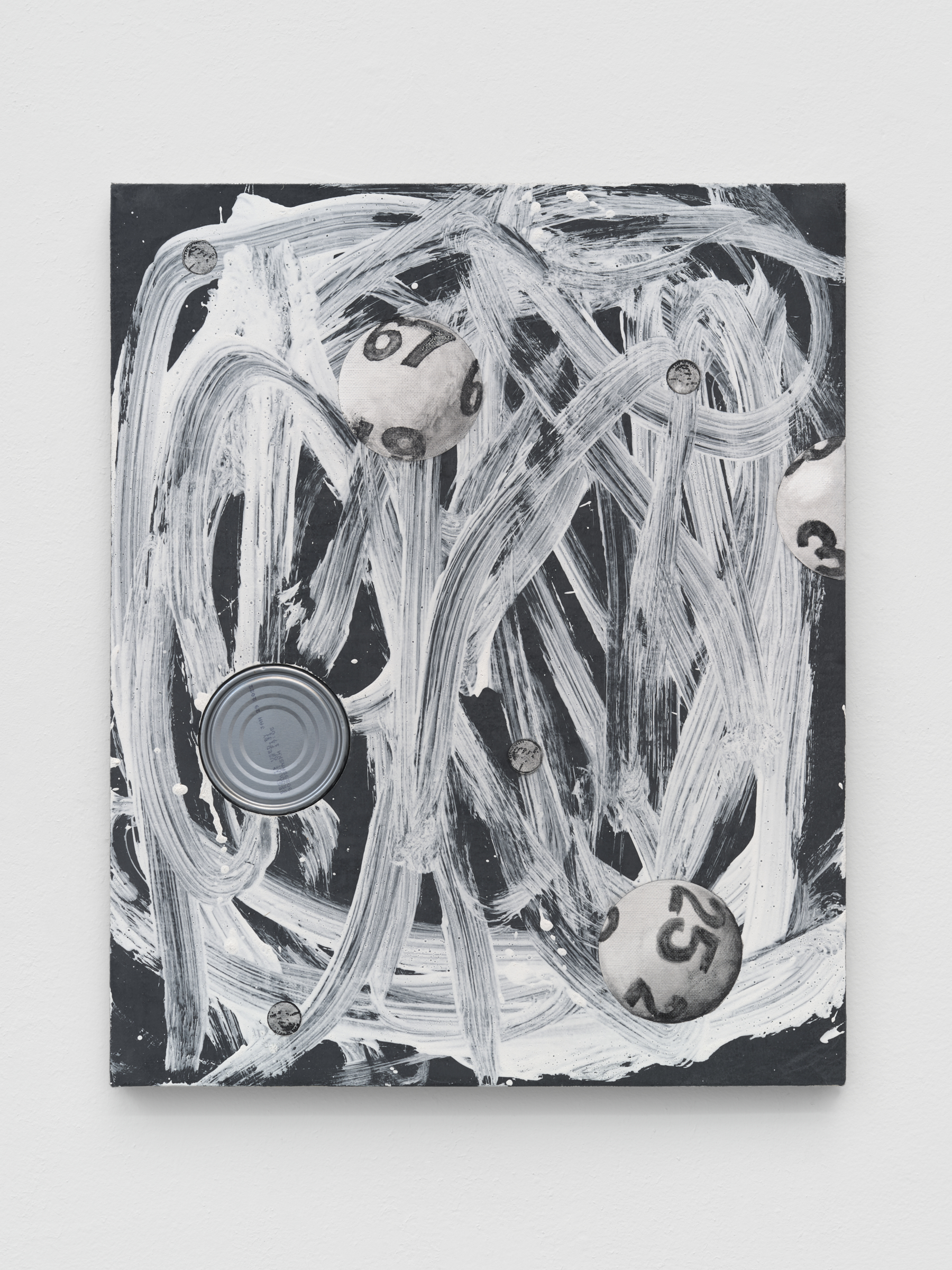 Alex Kwartler, However, (with tuna), 2021, Oil and plaster on linen with tin can, 20 x 16 in.