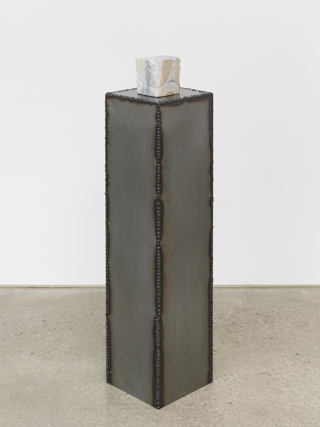 Tiril Hasselknippe, Interchange (veinett) soft grey, 2020, Carved steatite and artist-made steel plinth, 36.5h x 8w x 8.75d in.