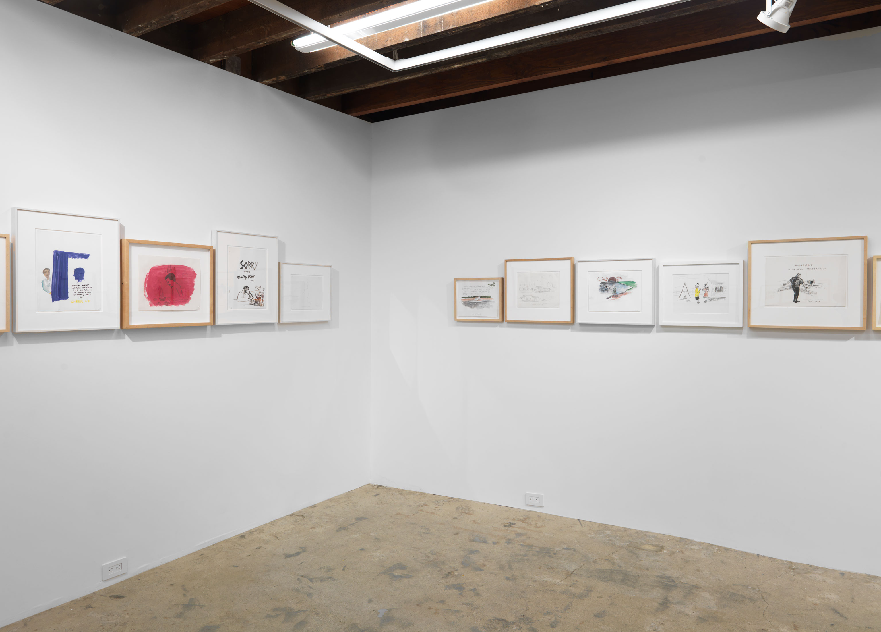 Installation view, William Wegman: Postcard Paintings, Magenta Plains, New York, NY, 2016