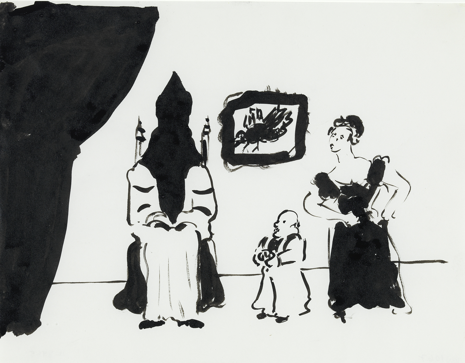 William Wegman, Dramatic Scene, undated, ink on paper, framed: 14.25h x 12w x 1.25d in.