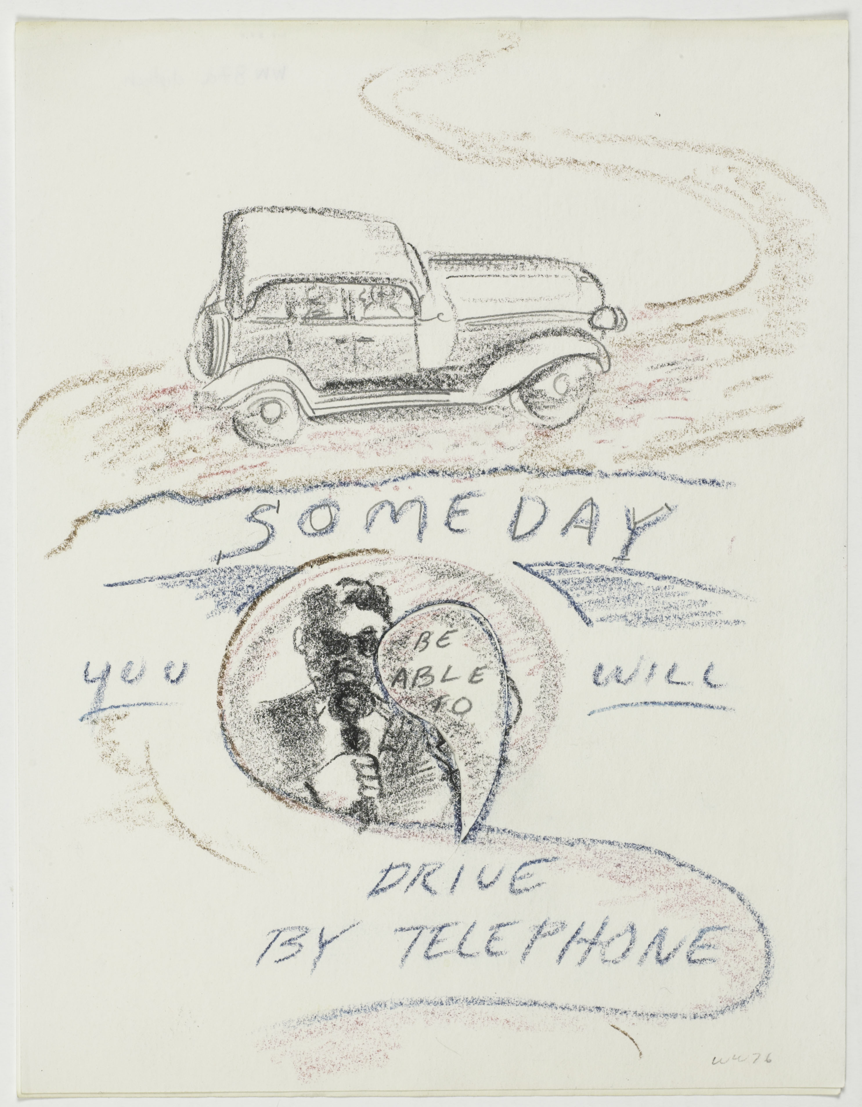 William Wegman, Someday you will be able to drive by telephone, 1976, pencil on paper, framed: 16h x 14w x 1.25d in.